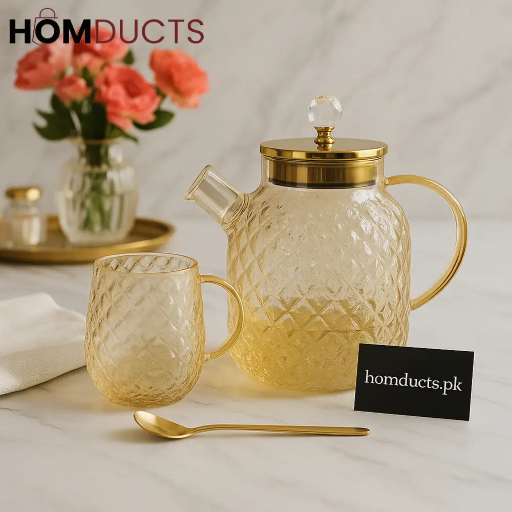 Golden Luxe Diamond Glass Tea Set – 13 Piece (1 Kettle, 6 Glasses & 6 Spoons