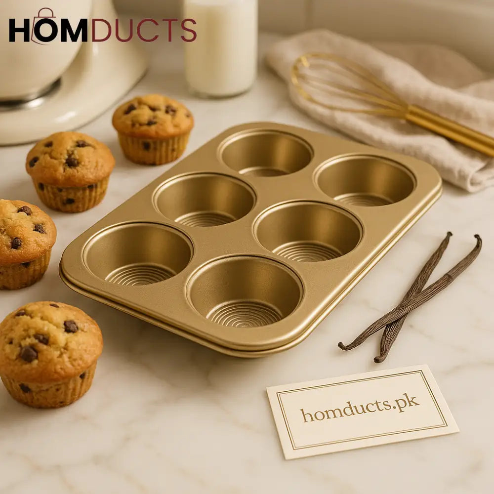 Golden Non-Stick 6-Cup Muffin & Cupcake Baking Tray – Premium Bakeware