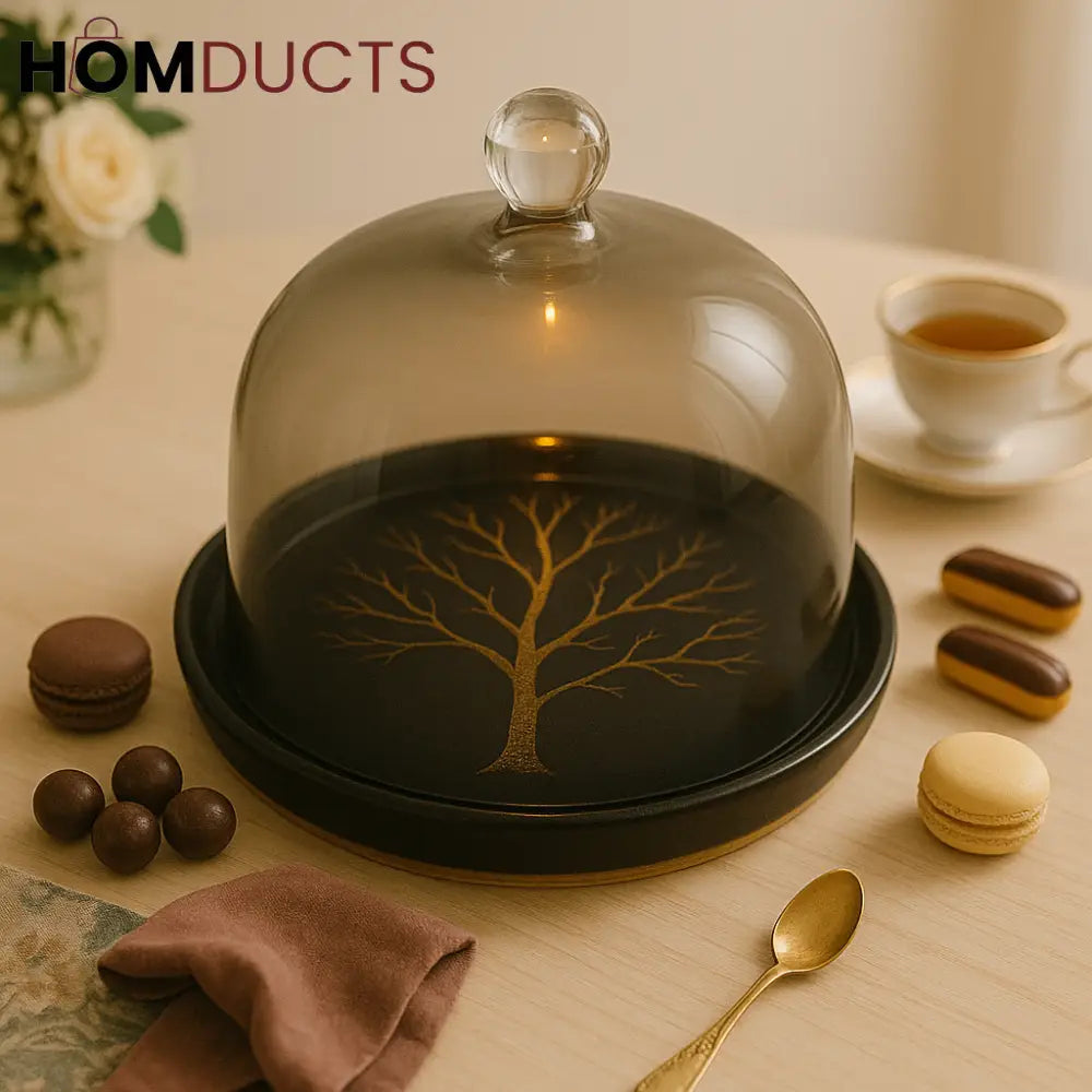 Golden Tree Black Ceramic Dessert Cloche with Smoky Glass Dome