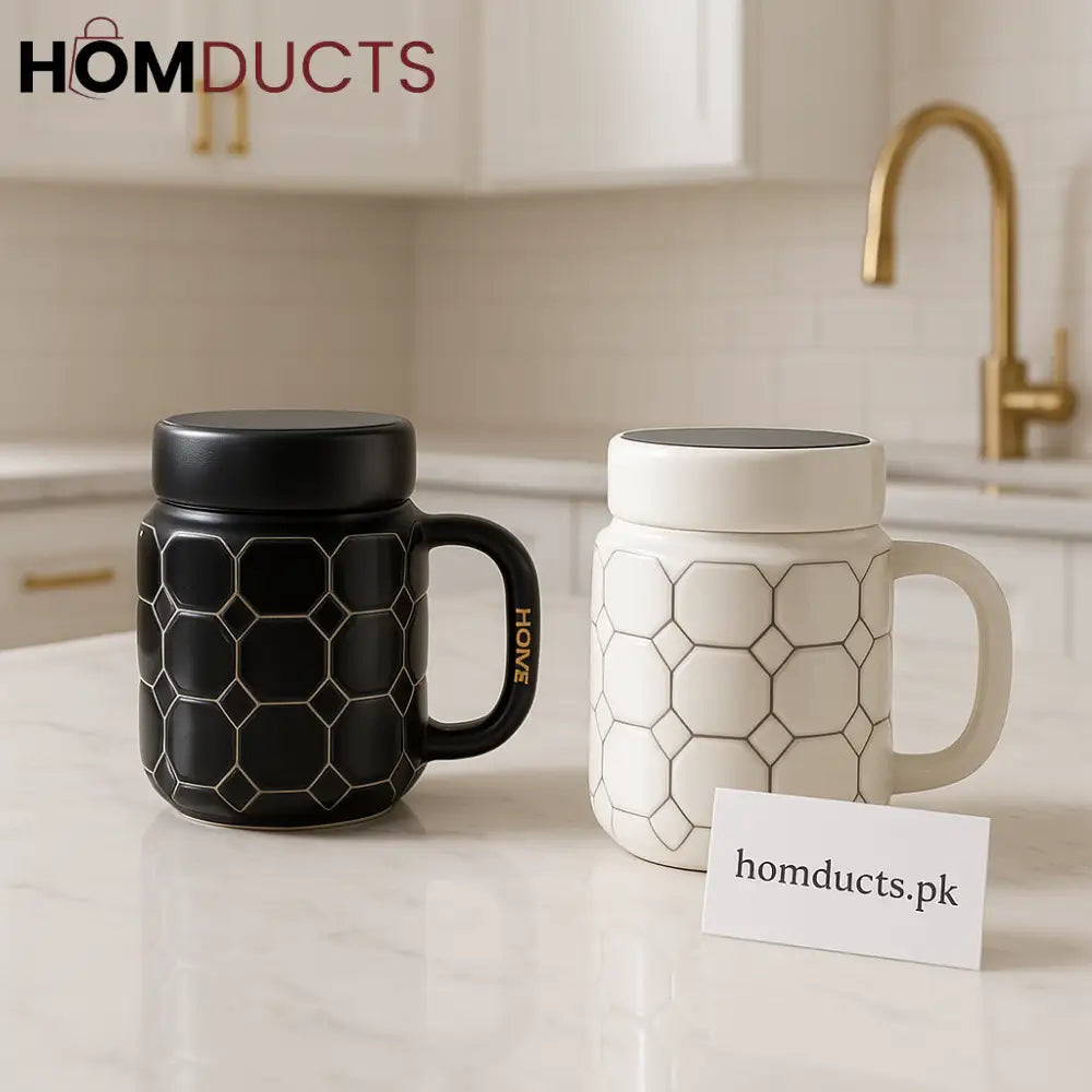 Hexa Luxe Ceramic Mug with Lid – Premium Coffee & Tea Cup (1pc)