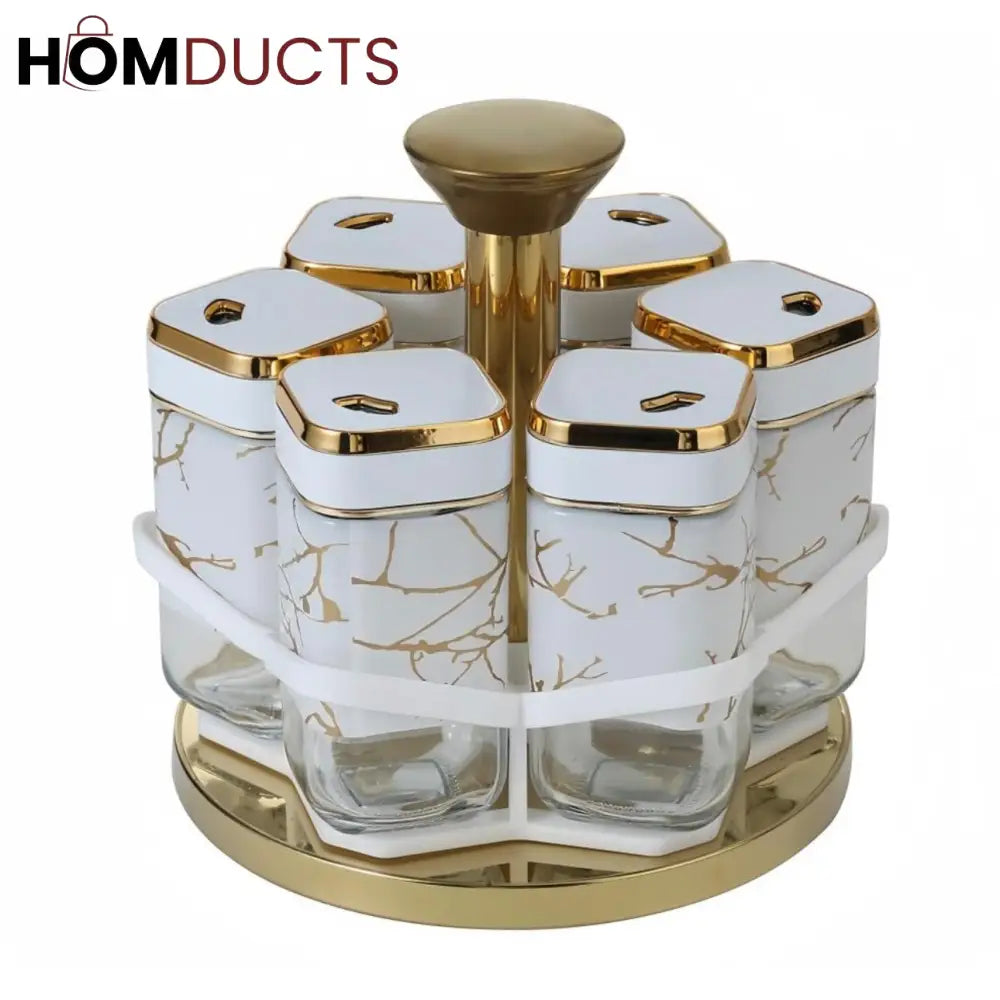 Imperial Marble 360° Rotating Spice Jar Set – 8-Piece Gold Edition