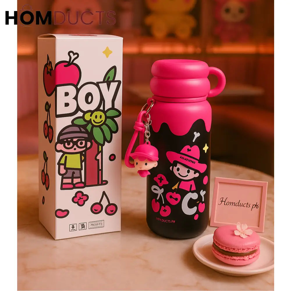 Kawaii Cherry Pop Cartoon Water Bottle – 500ml with Strap & Gift Box