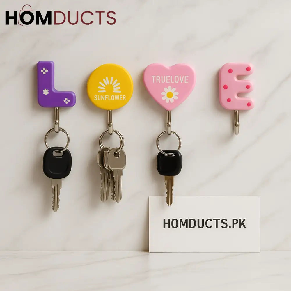 LOVE-Themed Adhesive Wall Hooks – 4 Pcs Set | Multipurpose Key & Kitchen Organizer