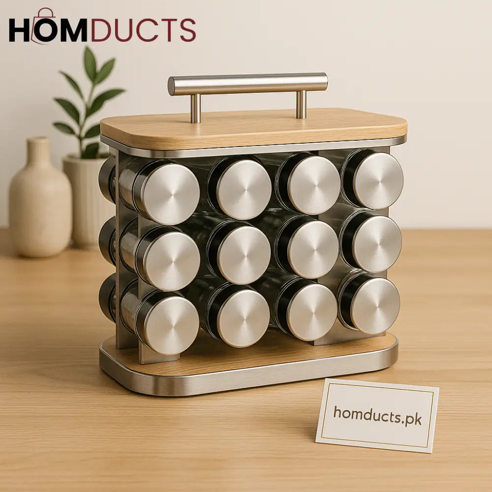 Luxury 12-Jar Rotating Spice Rack Organizer with Bamboo Top & Stainless Steel Lids