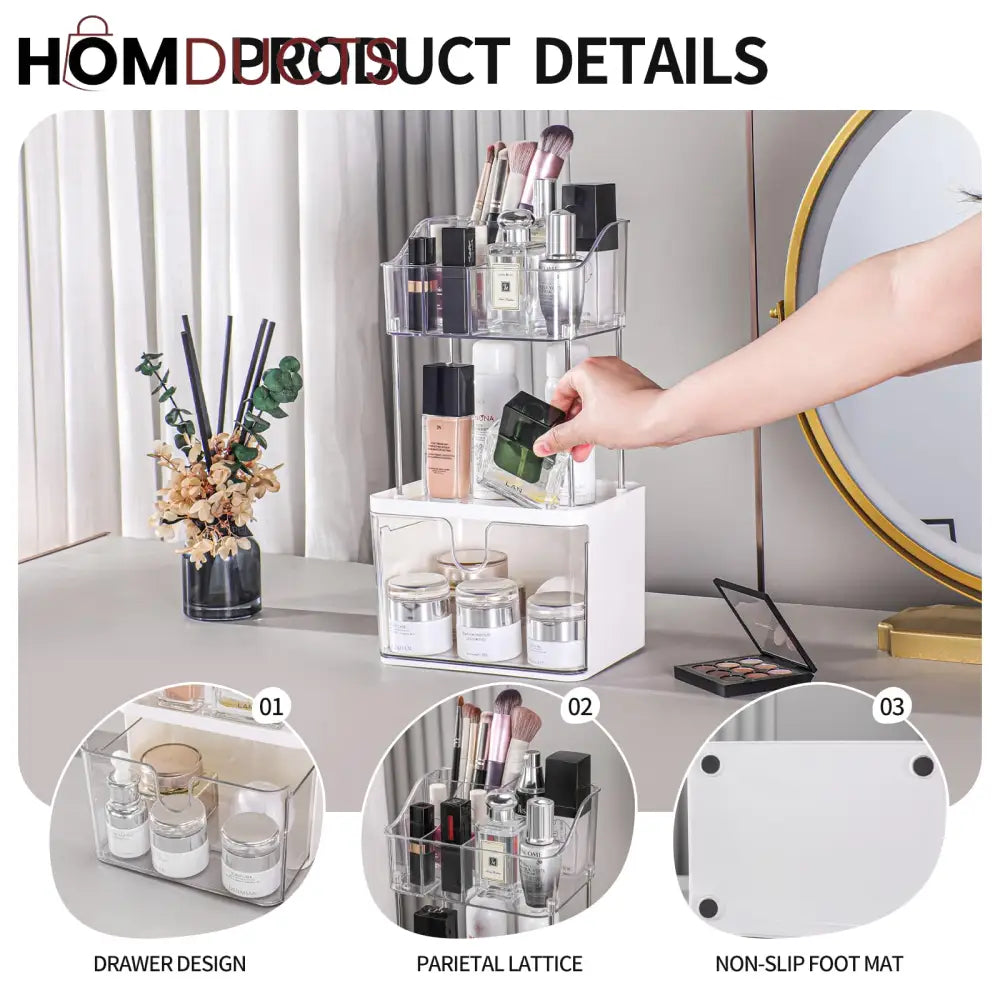 Luxury 2-Tier Acrylic Makeup & Skincare Organizer with Drawer – Space-Saving Cosmetic Storage