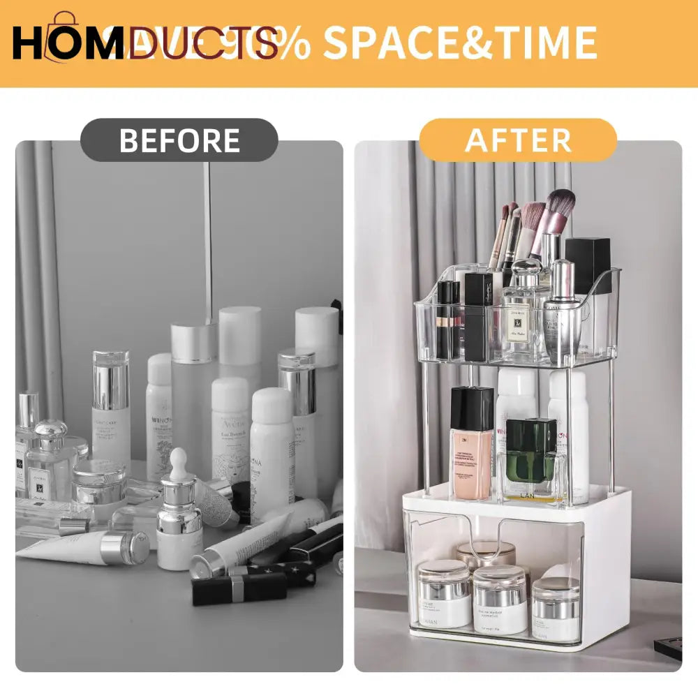 Luxury 2-Tier Acrylic Makeup & Skincare Organizer with Drawer – Space-Saving Cosmetic Storage