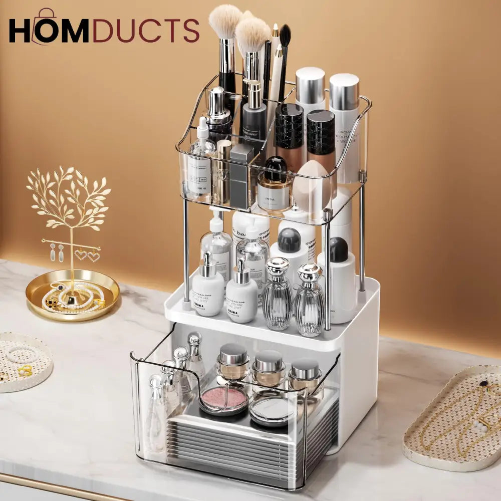 Luxury 2-Tier Acrylic Makeup & Skincare Organizer with Drawer – Space-Saving Cosmetic Storage