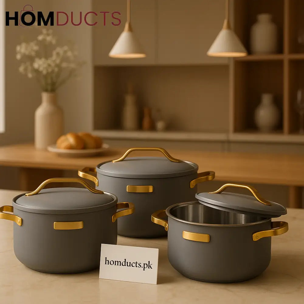 Luxury 3-Piece Hotpot Set – 1.5L, 2.5L & 3.5L | Elegant Gray with Golden Handles