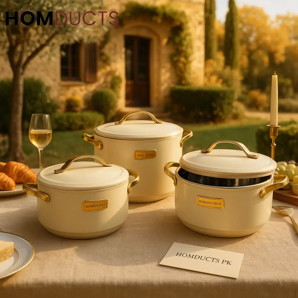 Luxury 3-Piece Hotpot Set with Golden Handles – 1.5L, 2.5L & 3.5L