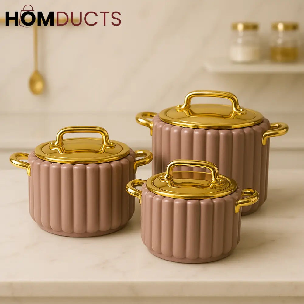 Luxury 3-Piece Ribbed Hotpot Set with Golden Lids & Handles – 1.5L, 2.5L, 3.5L