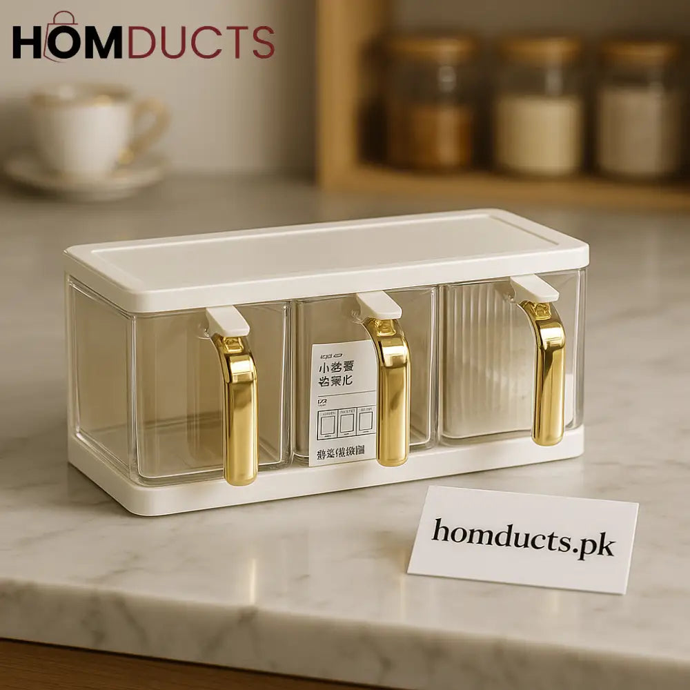 Luxury 3-Piece Spice Container Set with Golden Handles & Airtight Lids – Premium Kitchen Organizer