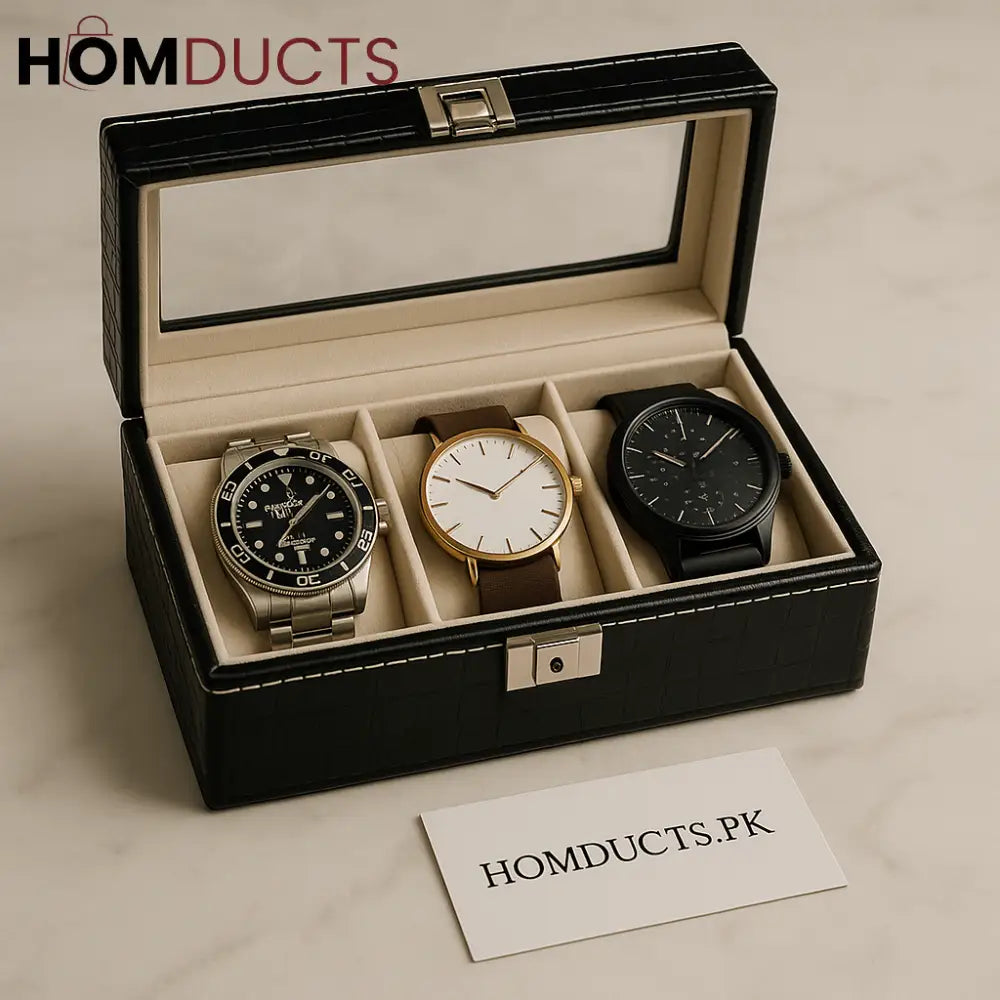 Luxury 3-Slot Black Leather Watch Organizer Box with Glass Lid – Premium Display Case