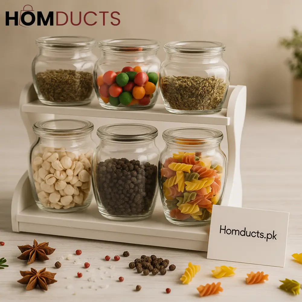 Luxury 6-Piece Glass Spice Jar Set with Two-Tier Wooden Organizer