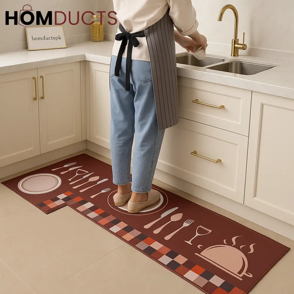 Luxury Anti-Slip Kitchen Mat Set – Burgundy Dining Theme (2-Piece)