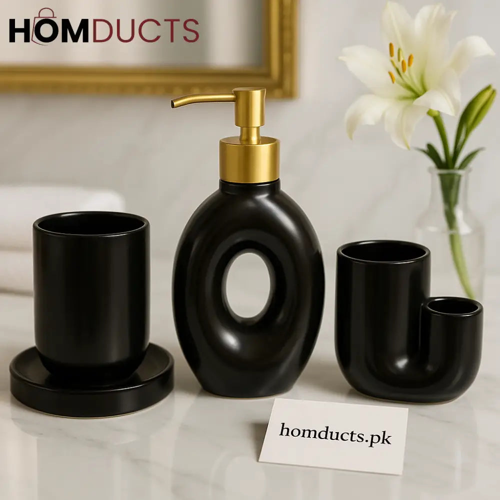 Luxury Black Ceramic 4-Piece Bathroom Set with Gold Pump