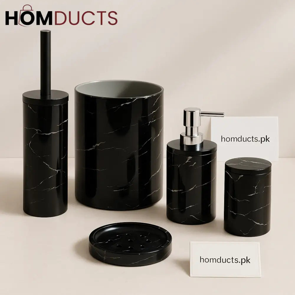 Luxury Black Marble Bathroom Accessories Set – 5-Piece Premium Organizer Kit