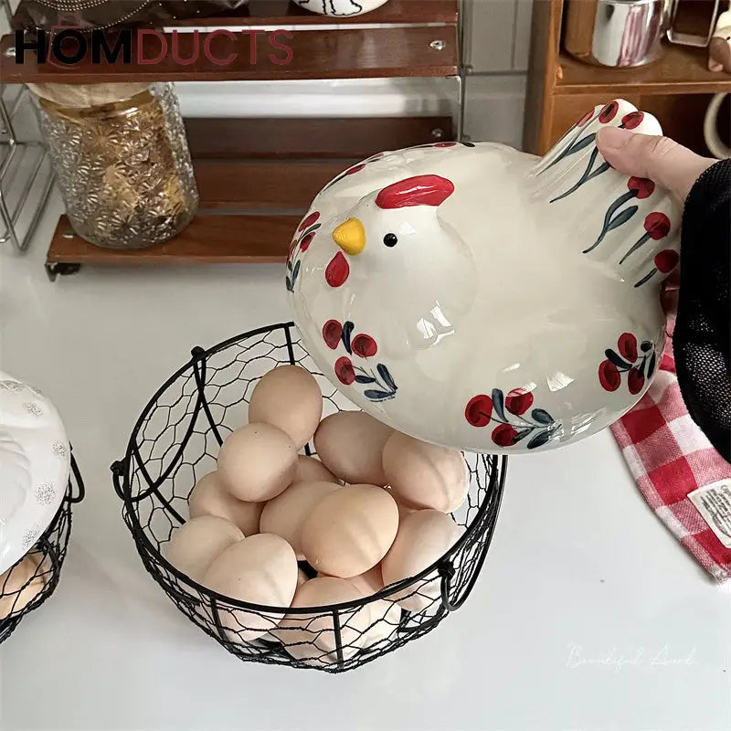 Luxury Ceramic Hen-Shaped Egg Basket with Lid – Premium Kitchen Storage