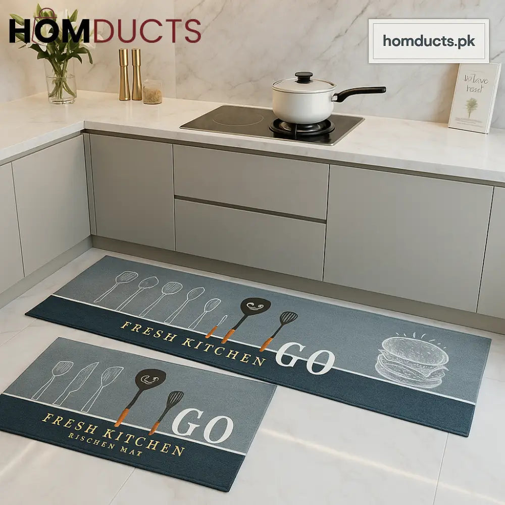 Luxury Fresh Kitchen Anti-Slip Mat Set – 2 Pieces | Premium Waterproof & Washable