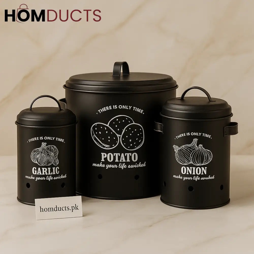 Luxury Matte Black Garlic, Potato & Onion Storage Canister Set – Ventilated Kitchen Containers