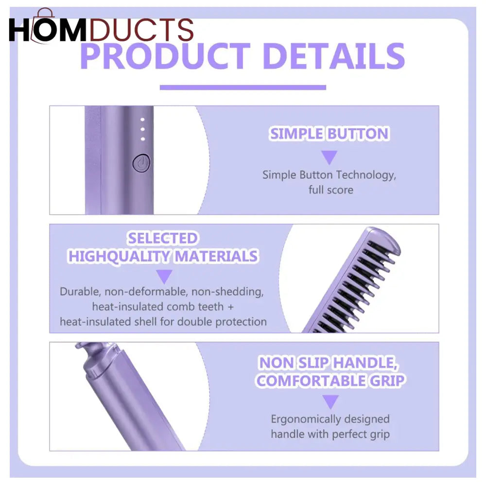 Luxury Portable Hair Straightening Comb – Rechargeable & Travel-Friendly