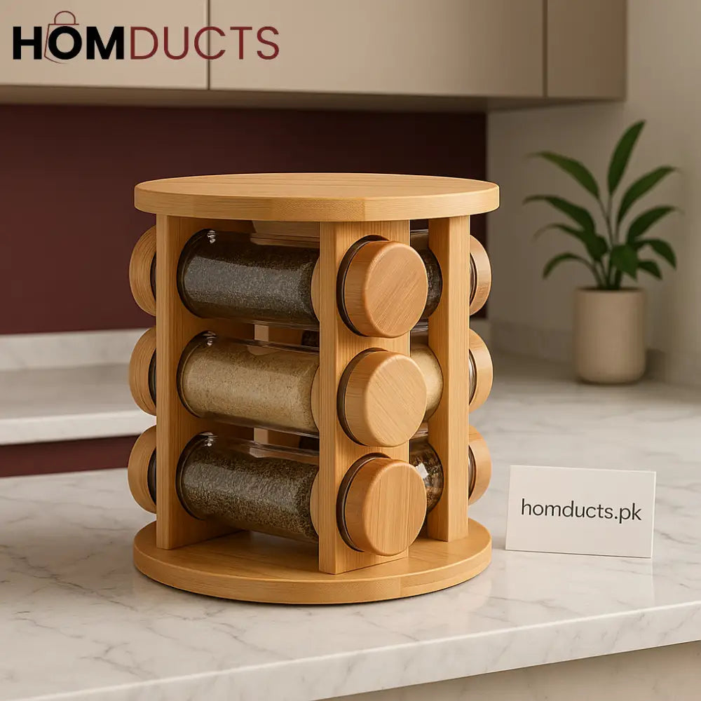 Luxury Wooden Rotating Spice Rack Organizer – 8 Glass Jars with Bamboo Lids