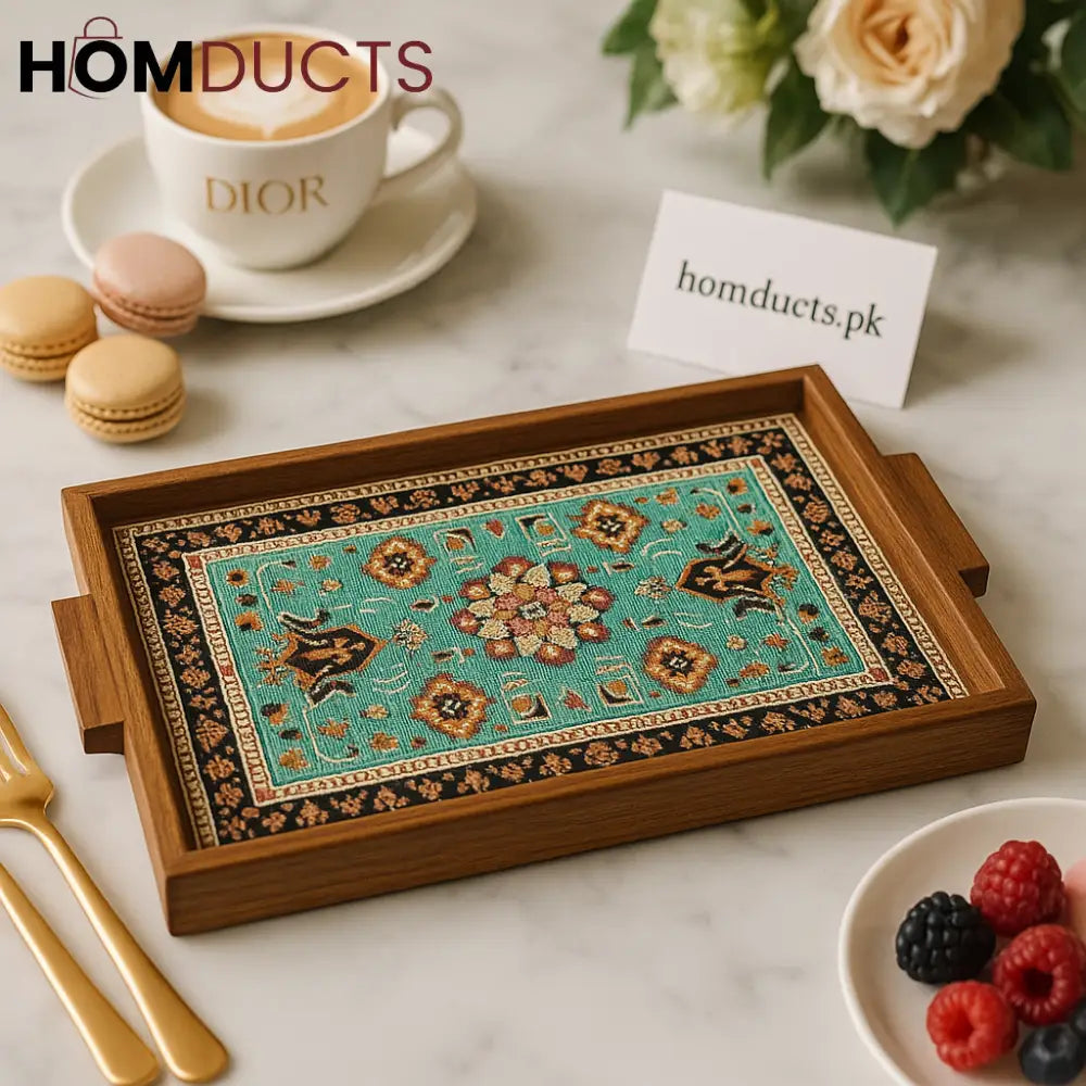 Luxury Wooden Serving Tray with Persian Rug-Inspired Design – Elegant Accent Décor for Home & Kitchen