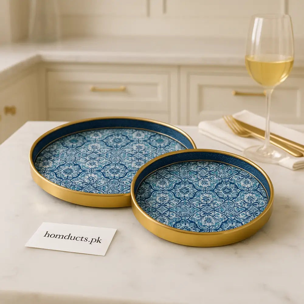 Moroccan Blue Pattern Round Tray Set – 2 Pcs