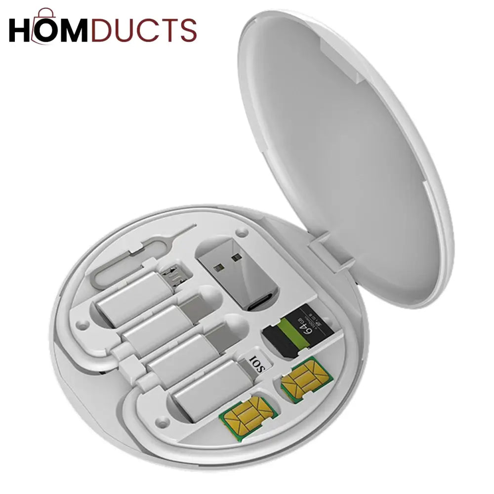 Multi-Function 6-in-1 Charging Cable Kit with USB, Type-C, Micro USB, SIM Ejector & Storage Case – Portable Travel Adapter Set