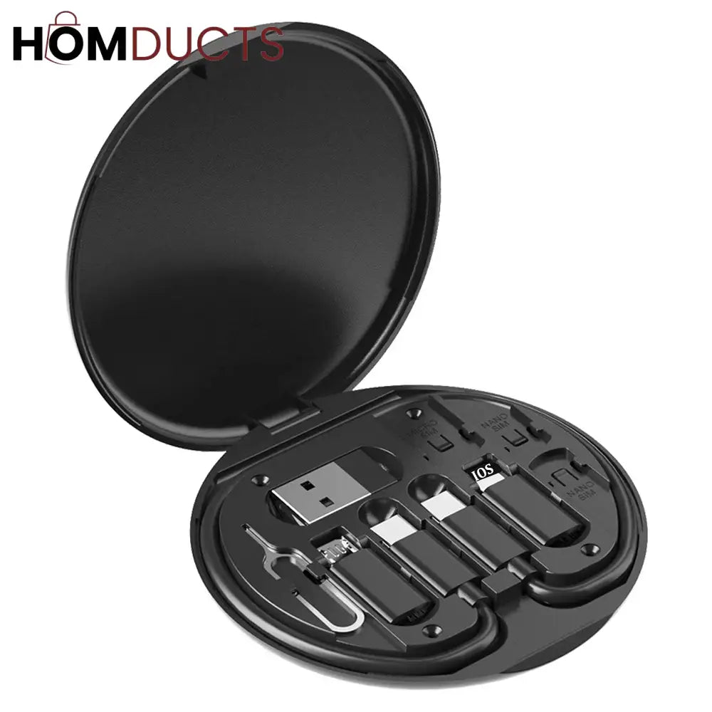 Multi-Function 6-in-1 Charging Cable Kit with USB, Type-C, Micro USB, SIM Ejector & Storage Case – Portable Travel Adapter Set