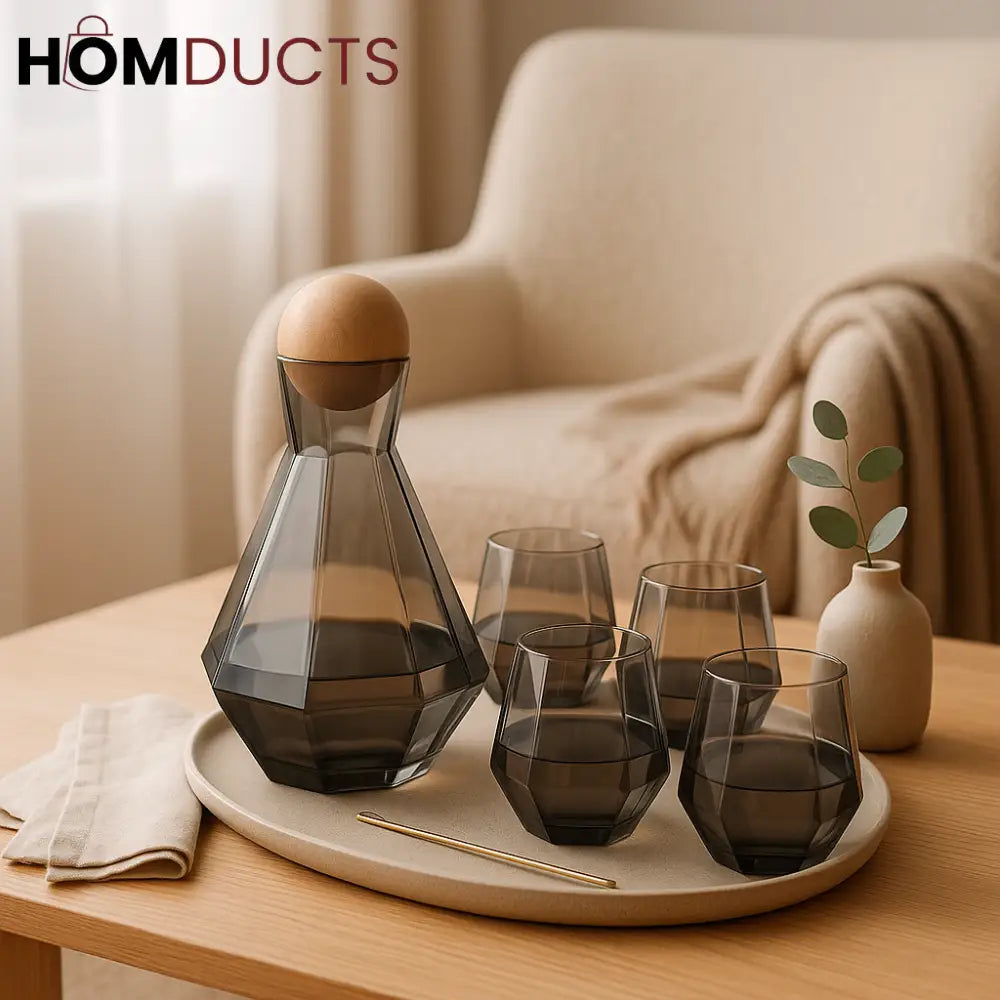 Nordic Luxe 6-Piece Smoky Geometric Glassware Set – 5 Glasses & 1 Decanter with Wooden Lid