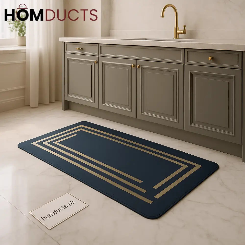 Premium Anti-Slip Mat – Navy Blue with Gold Accents | 56 x 118 cm | Luxury Kitchen & Home Floor Mat