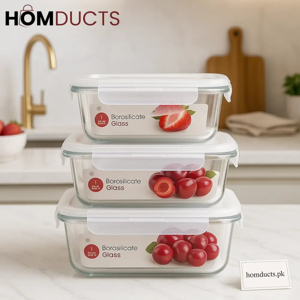 Premium Borosilicate Glass Food Storage Container 3pcs Set –  Airtight Kitchen Organizers
