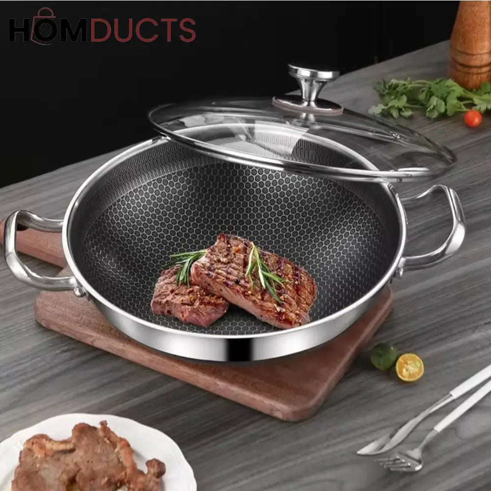 Stainless Steel Non-Stick Honeycomb Frying Pan with Glass Lid – Durable Skillet for Cooking, Searing & Frying 24cm