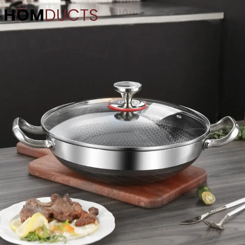 Stainless Steel Non-Stick Honeycomb Frying Pan with Glass Lid – Durable Skillet for Cooking, Searing & Frying 24cm